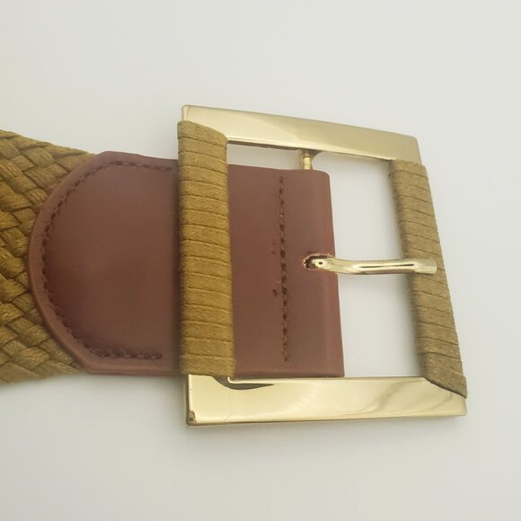 ALDO Women's Wide Woven Belt Gold Brown Square Buckle Faux Leather Trim Boho - Picture 3 of 6